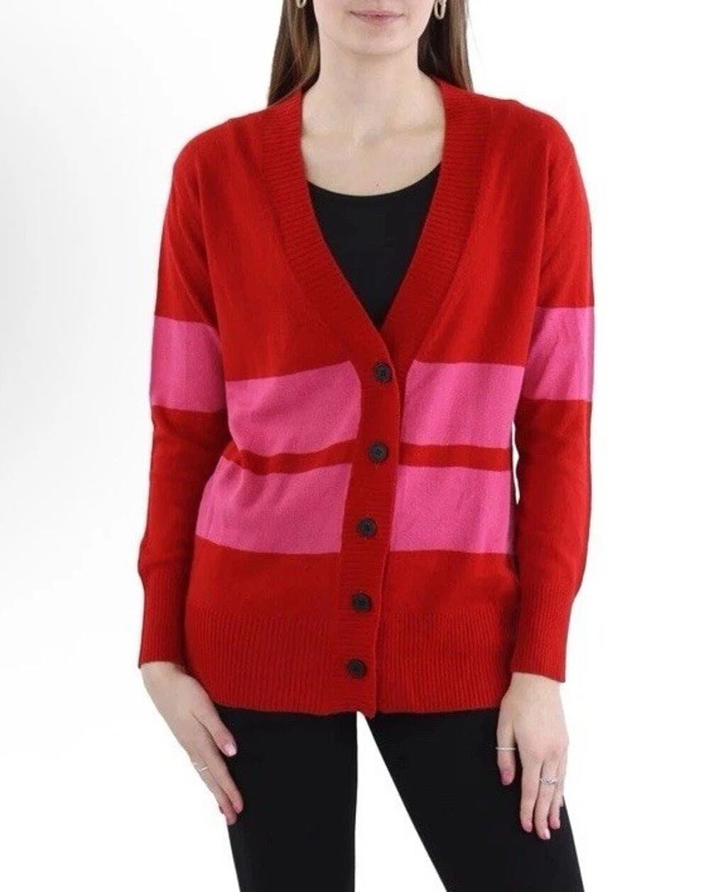 Madeleine Thompson Womens Red Knit Ribbed Trim Cardigan Sweater L NWT Valentine